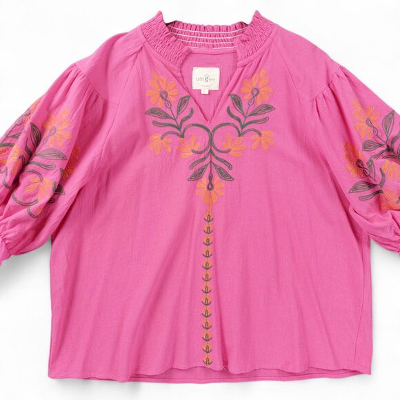 Umgee Womens Boho Peasant Top Sz Large Pink Embroidered Floral Blouse Cotton - Picture 1 of 12